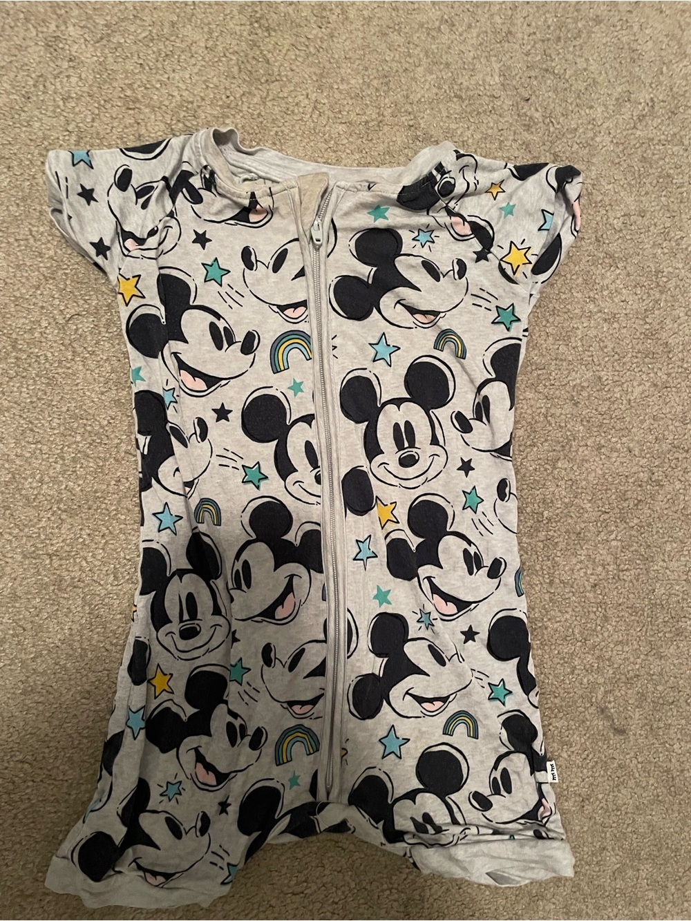 Little Sleepies Gray Mickey Face Zip One-Piece with Stars & Rainbows